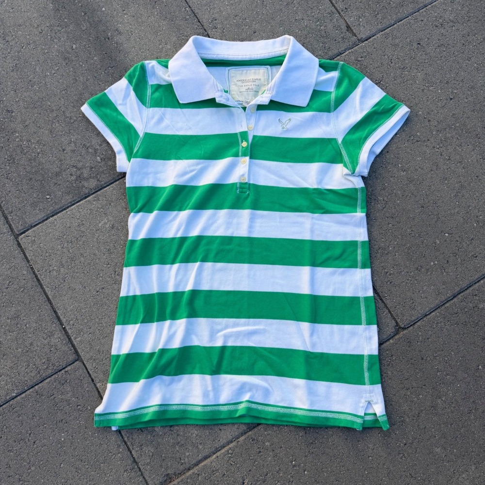 American Eagle Green White Striped Polo Shirt Womens Large Short Sleeve Eagle